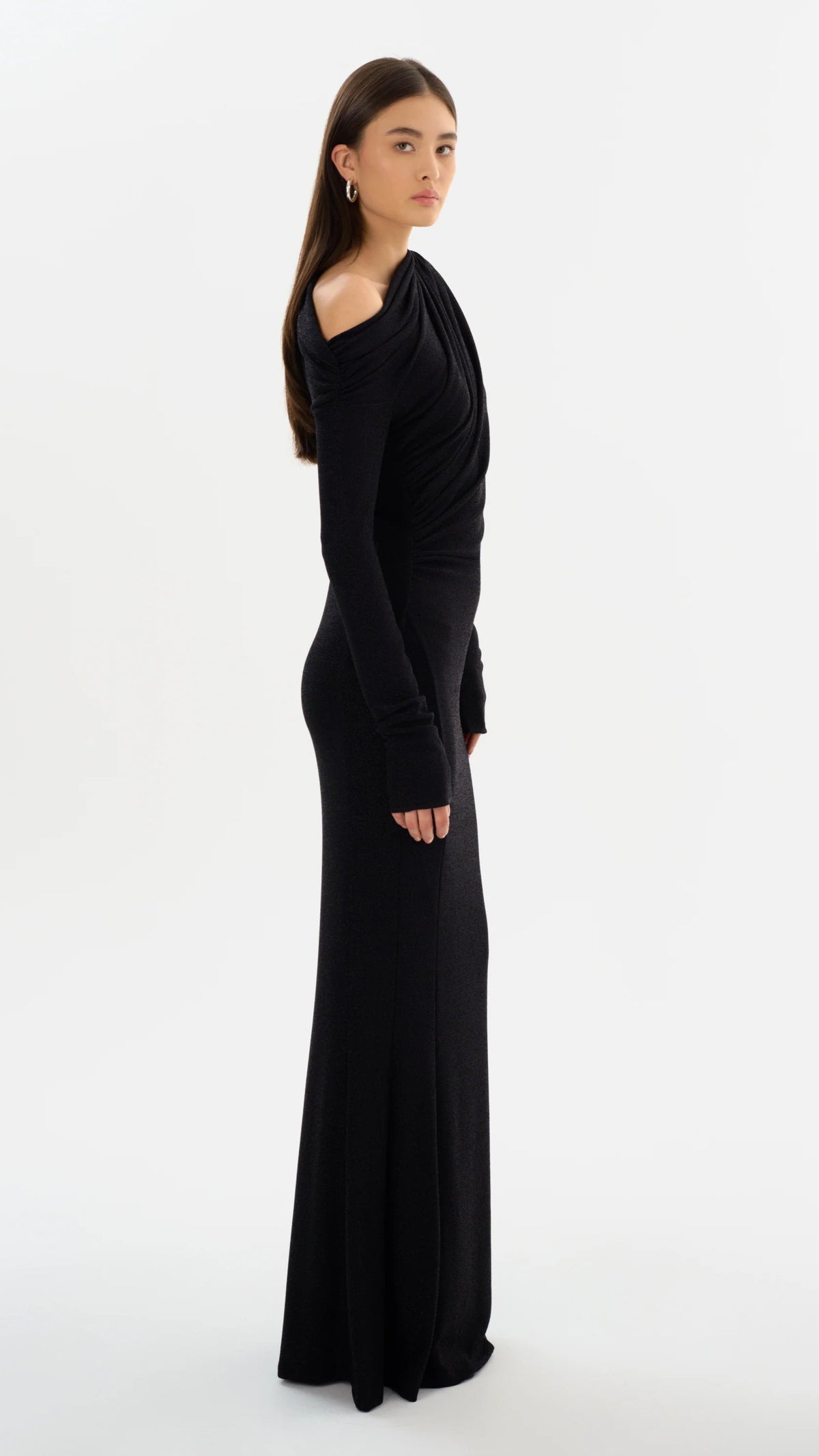 Lamarque Iniala Long Sleeve Lurex Knit Gown in Black