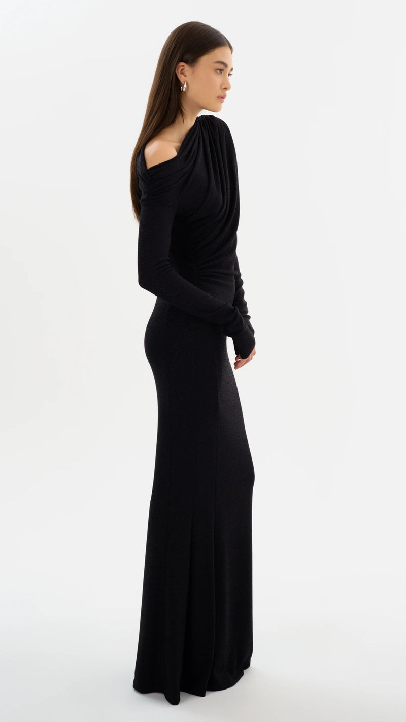 Lamarque Iniala Long Sleeve Lurex Knit Gown in Black