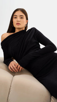 Lamarque Iniala Long Sleeve Lurex Knit Gown in Black