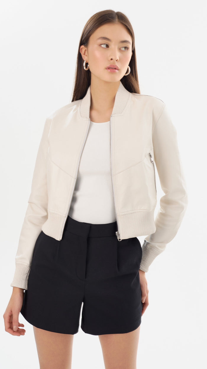 Lamarque Kordella Reversible Leather Bomber in White/Silver