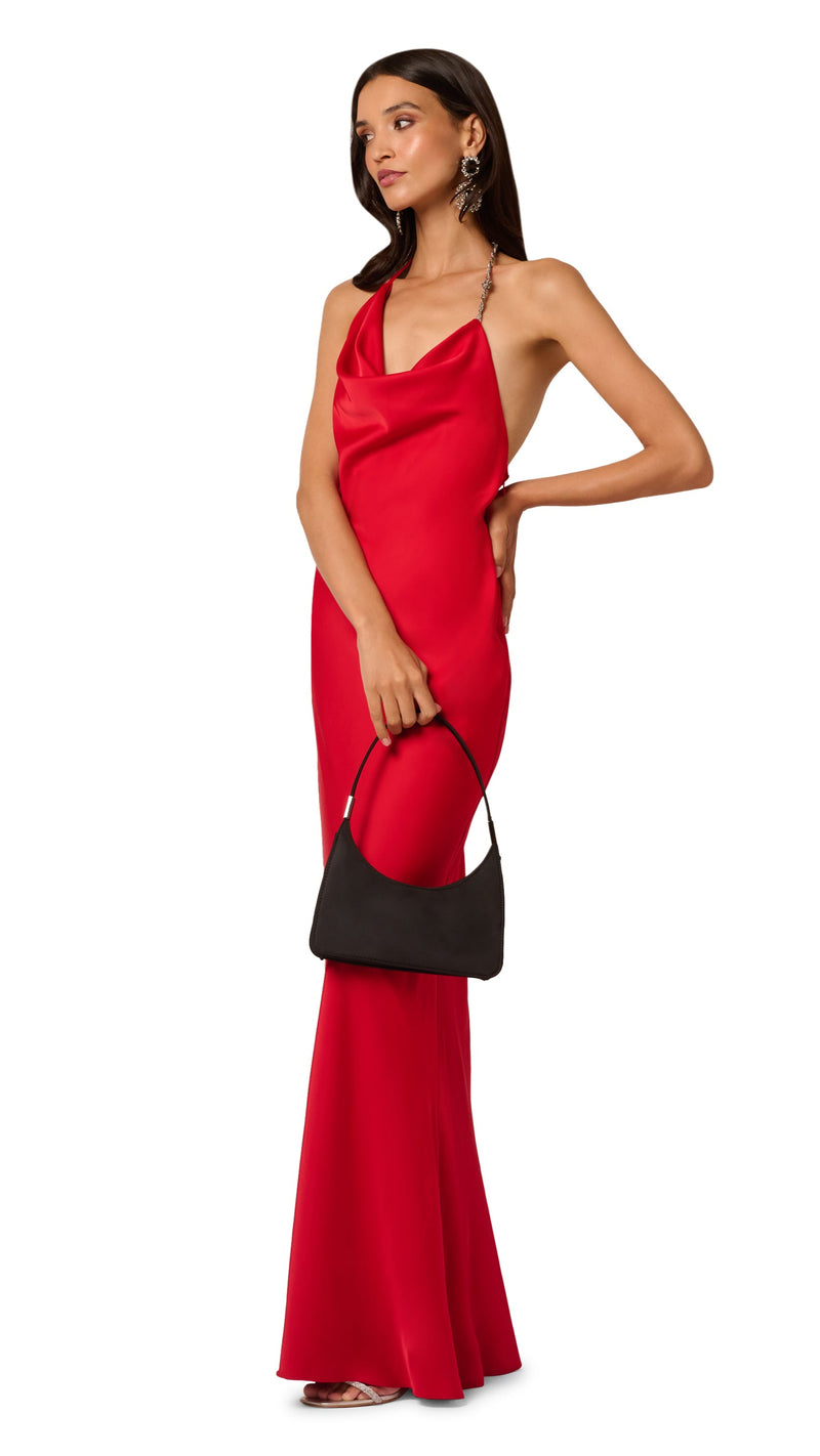 Liv Foster Sofia Satin Halter Gown in Red