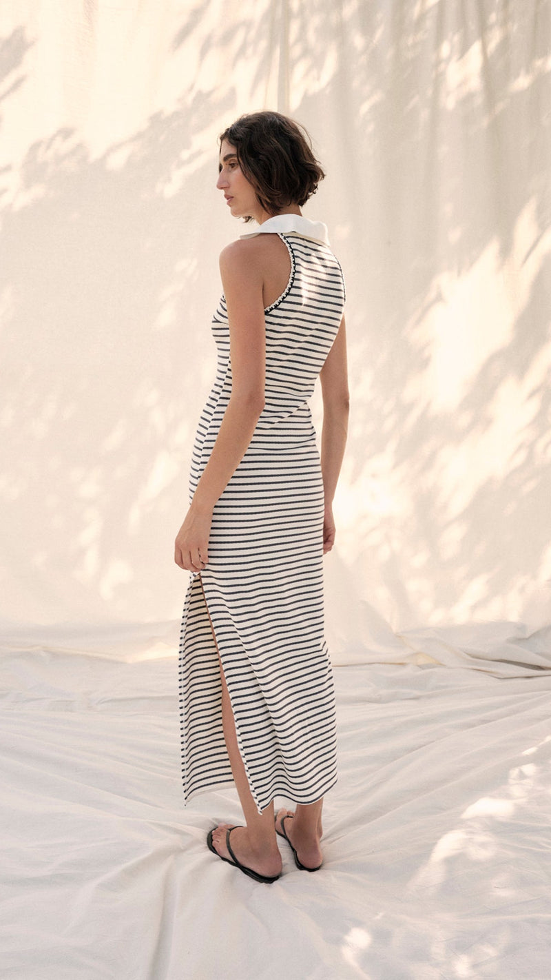 Saylor Giada Knit Collar Midi Dress in White/Blue Stripe