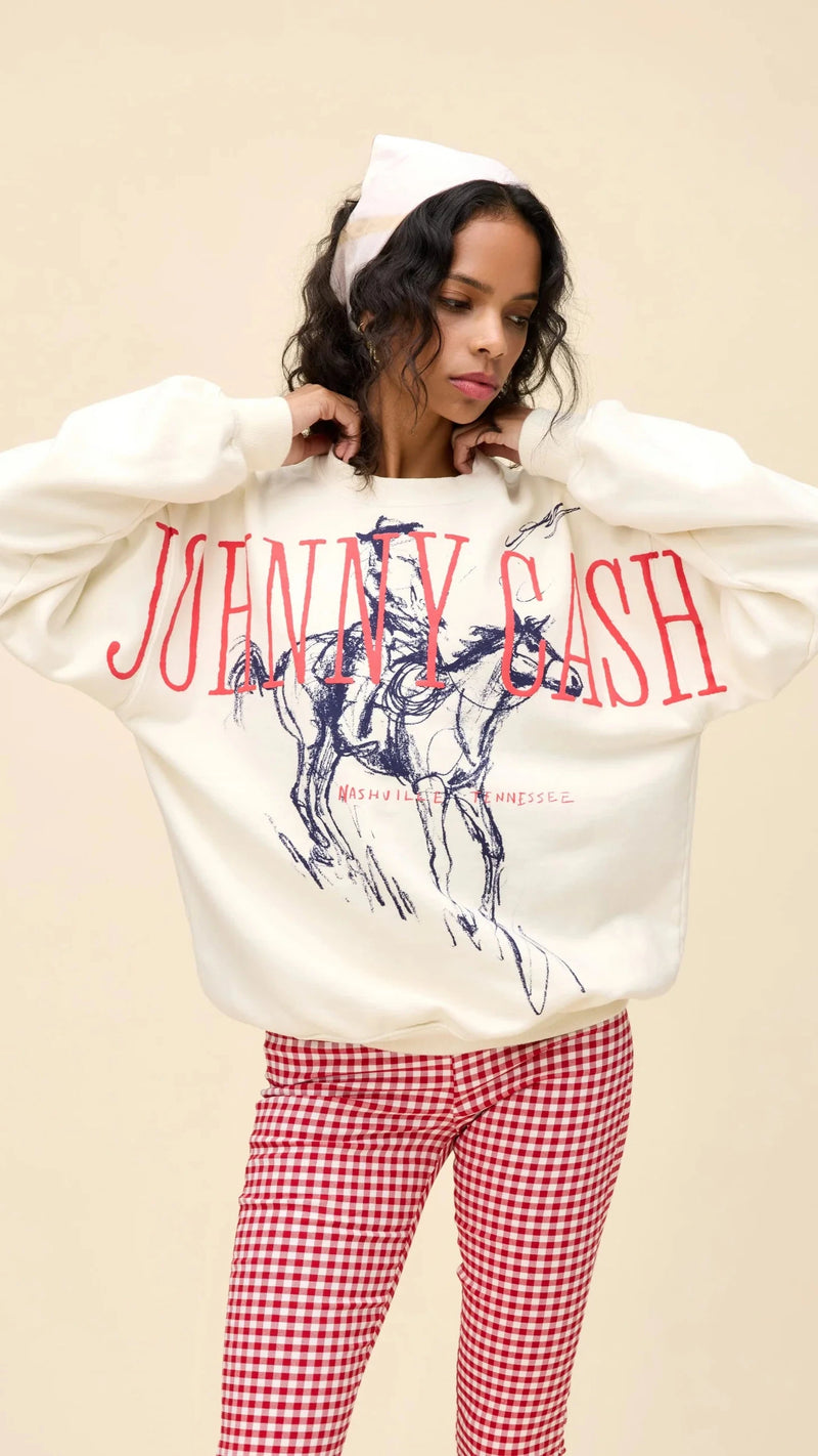 DAYDREAMER Johnny Cash Wilderness Boyfriend Crew Neck Sweatshirt in Stone Vintage