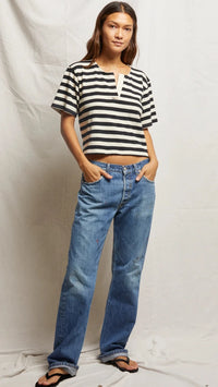 Perfect White Tee Sarah Oversized Short Sleeve Placket Crew in Stripe