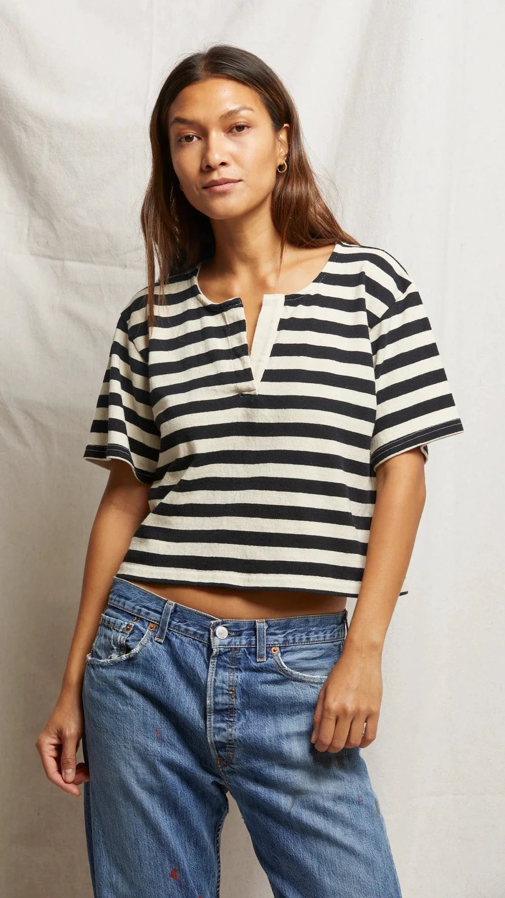 Perfect White Tee Sarah Oversized Short Sleeve Placket Crew in Stripe