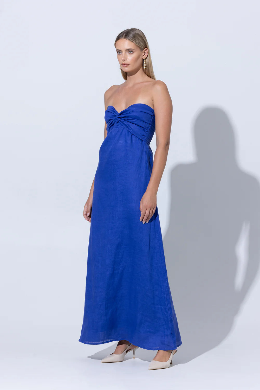 Lusana Melody Strapless Linen Maxi Dress in Nordic Blue