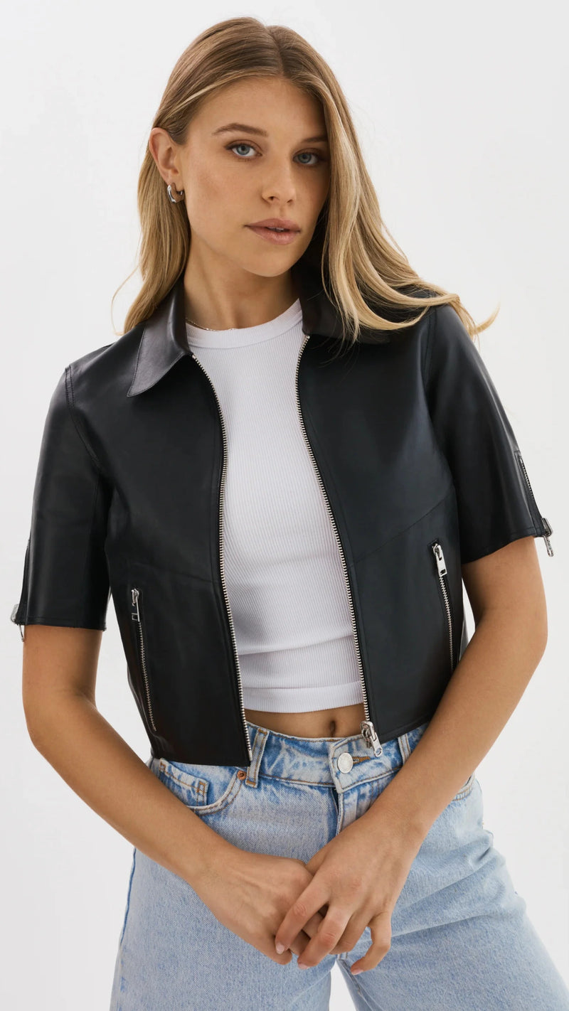 Lamarque Sevana Reversible Short Sleeve Leather Jacket in Black/Silver