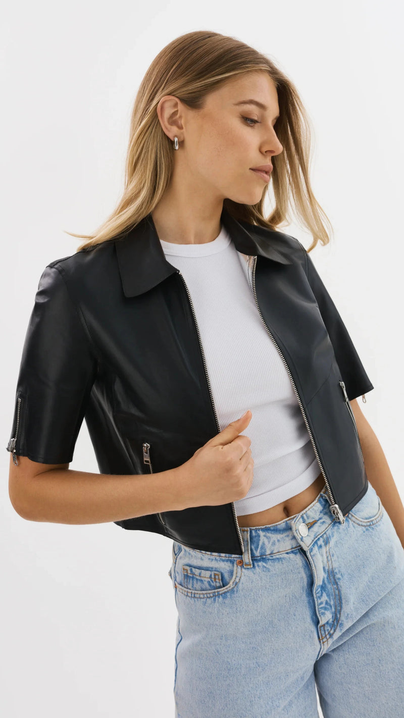 Lamarque Sevana Reversible Short Sleeve Leather Jacket in Black/Silver