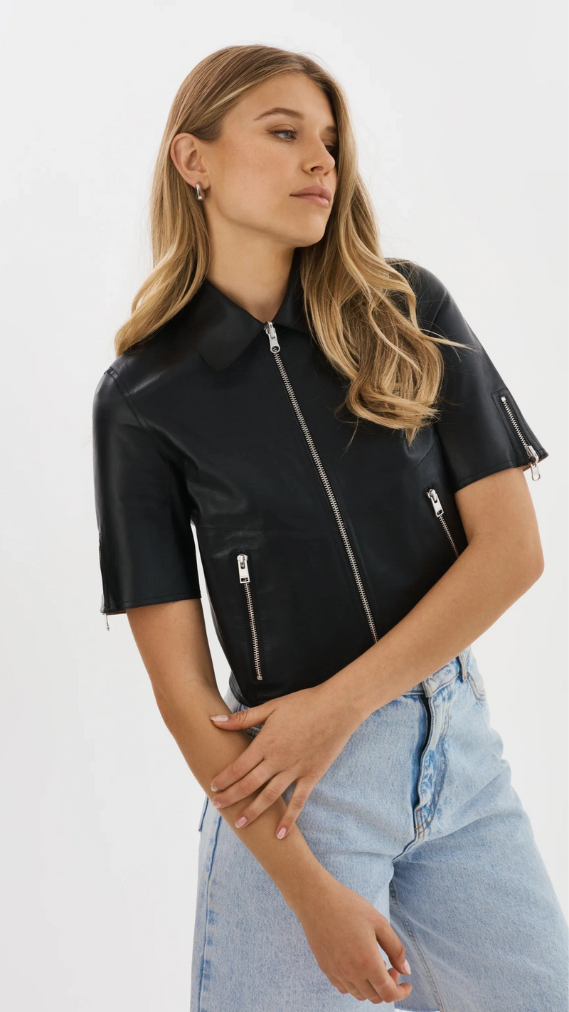 Lamarque Sevana Reversible Short Sleeve Leather Jacket in Black/Silver