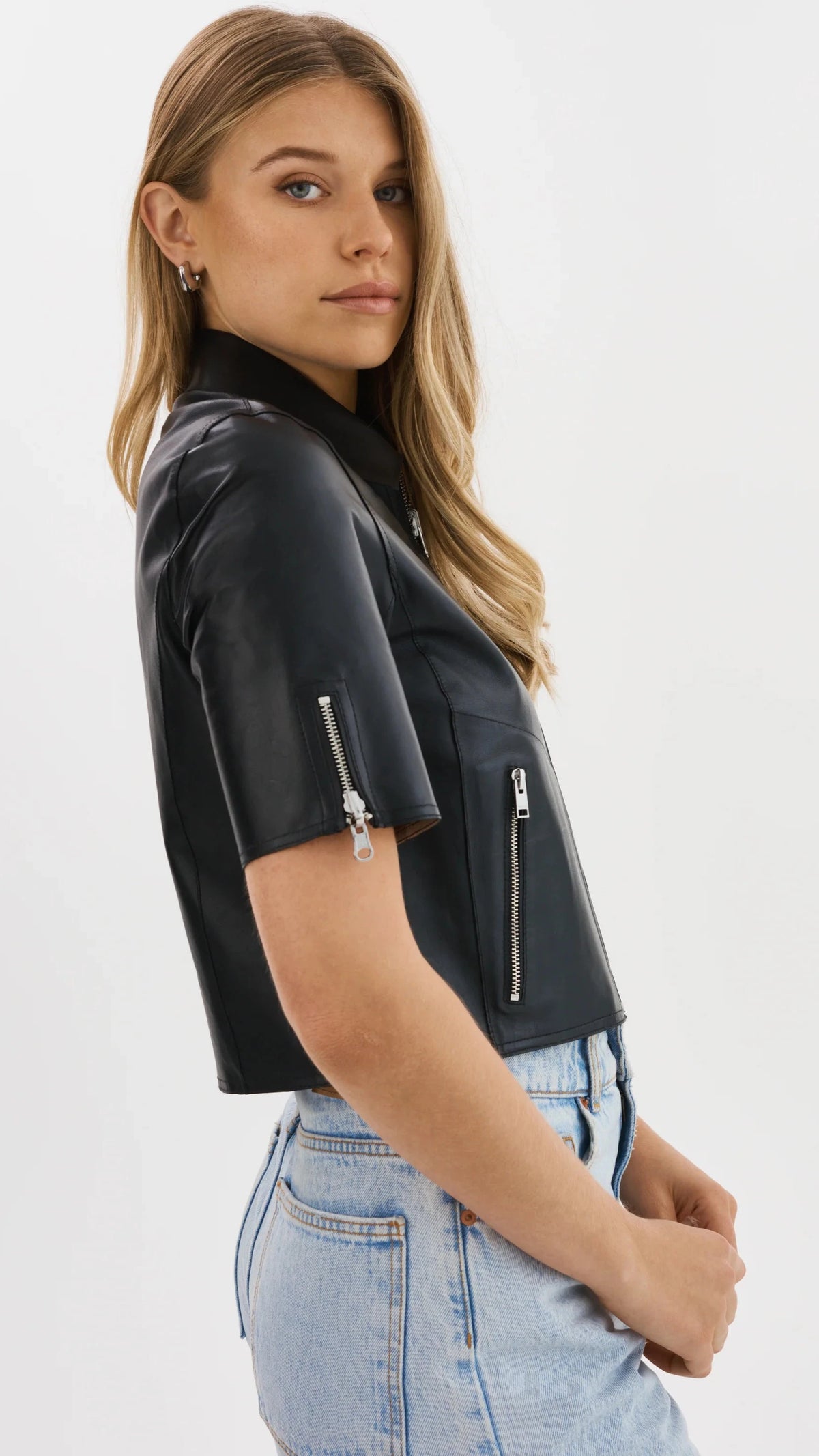 Lamarque Sevana Reversible Short Sleeve Leather Jacket in Black/Silver