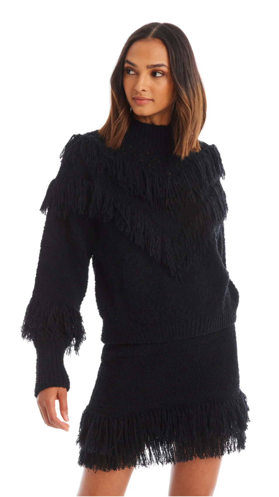 Allison New York Anna Fringe Sweater Mini Skirt in Black