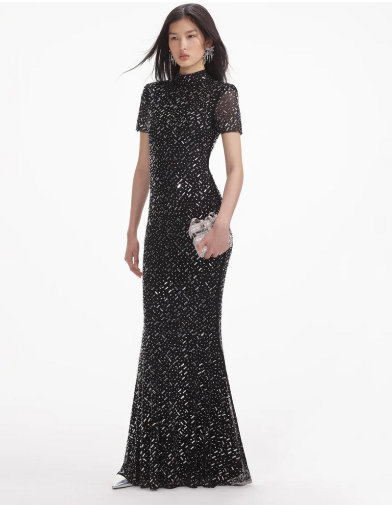 Self Portrait Square Rhinestone Mesh Gown in Black