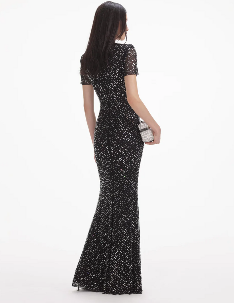 Self Portrait Square Rhinestone Mesh Gown in Black