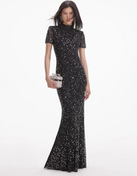 Self Portrait Square Rhinestone Mesh Gown in Black