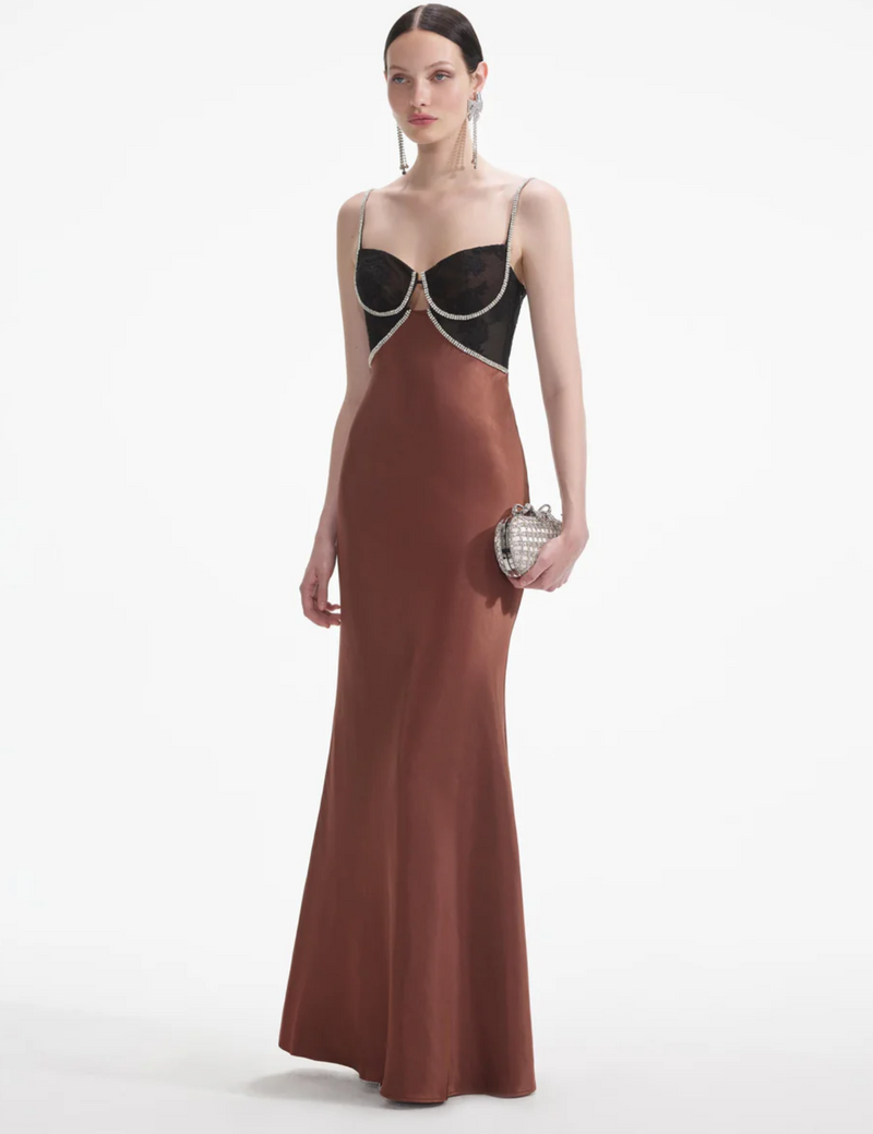 Self Portrait Satin Diamante Gown in Brown