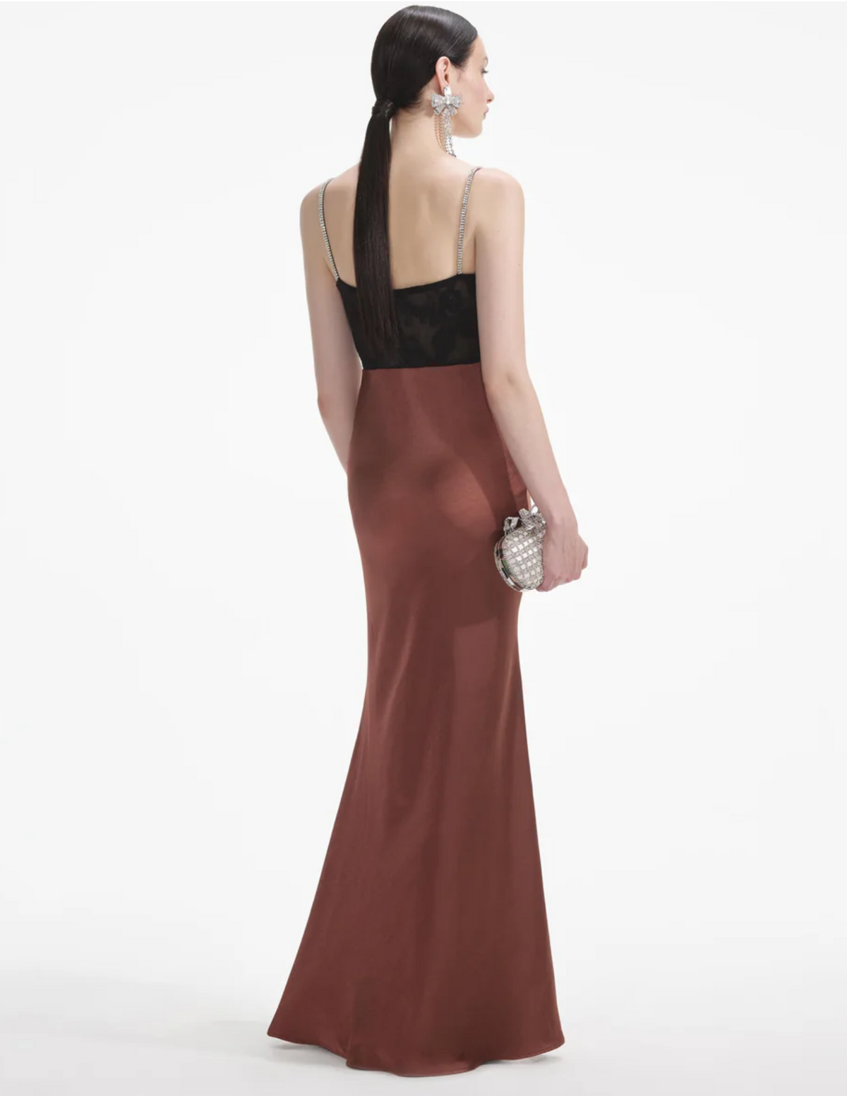 Self Portrait Satin Diamante Gown in Brown