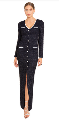 Black Halo Koa Long Sleeve Fuzzy Pearl Dress in Navy