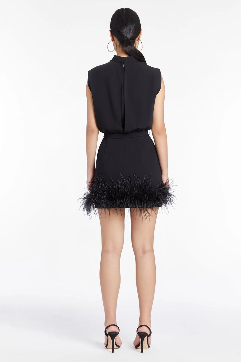 Amanda Uprichard Sullivan Mock Neck Feather Mini Dress in Black