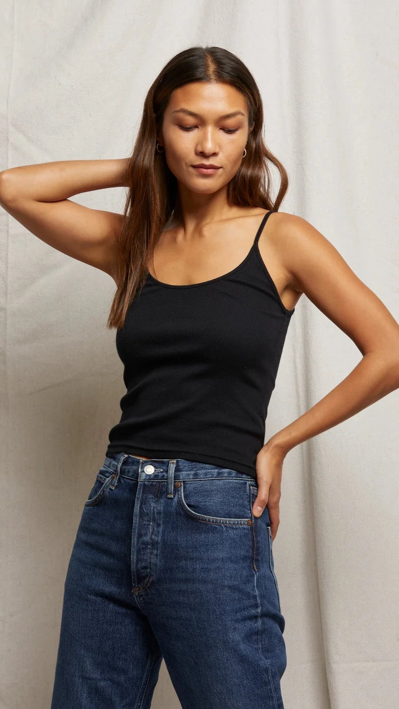 Perfect White Tee Tiff Ribbed Skinny Strap Tank in Black