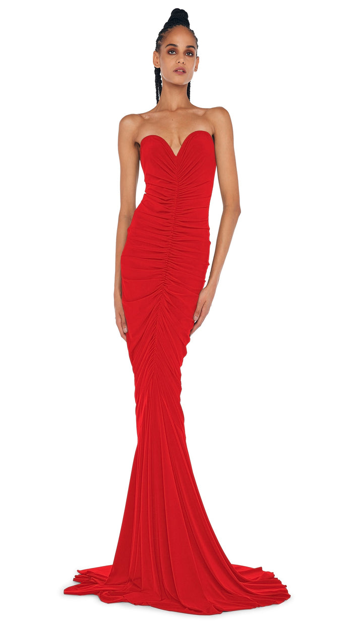 Norma Kamali Strapless Shirred Front Fishtail Gown in Tiger Red *CALL TO ORDER*