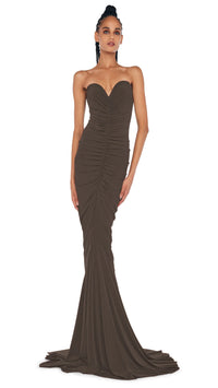 Norma Kamali Strapless Shirred Front Fishtail Gown in Espresso