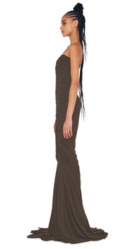 Norma Kamali Strapless Shirred Front Fishtail Gown in Espresso