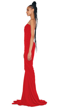 Norma Kamali Strapless Shirred Front Fishtail Gown in Tiger Red *CALL TO ORDER*