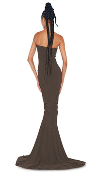 Norma Kamali Strapless Shirred Front Fishtail Gown in Espresso