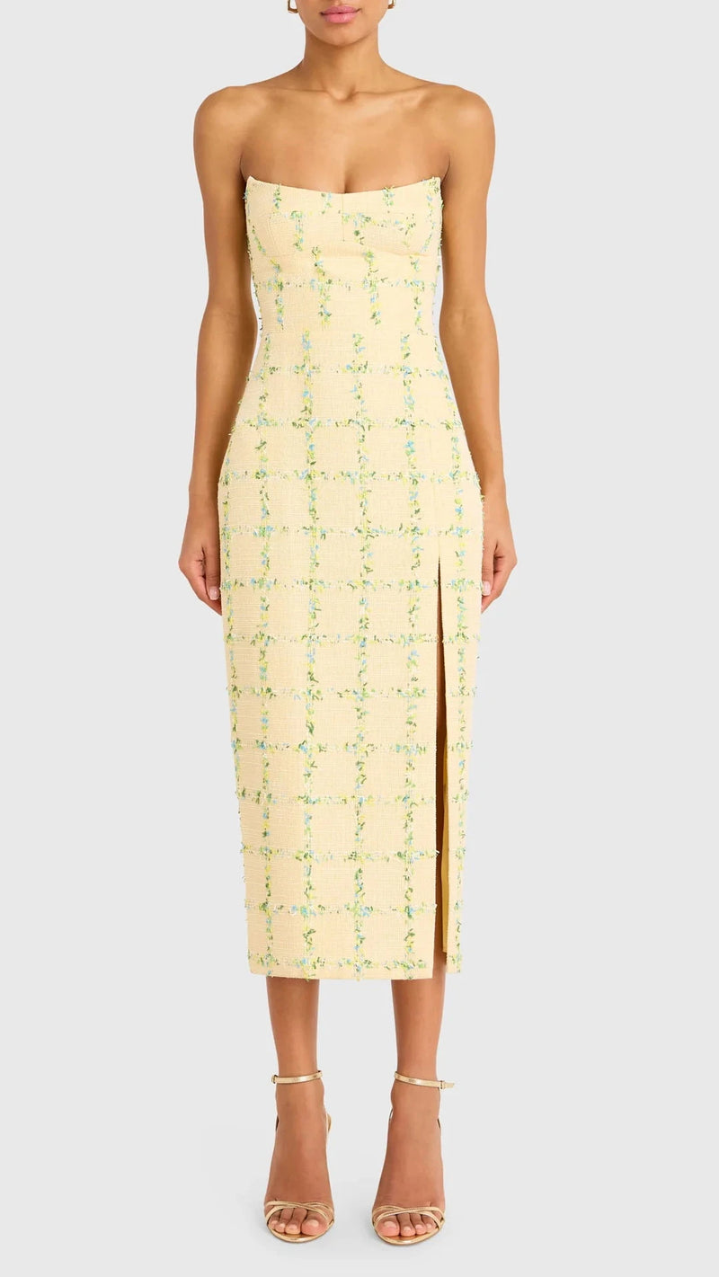 Amanda Uprichard Ivy Tweed Midi Dress in Windowpane Yellow