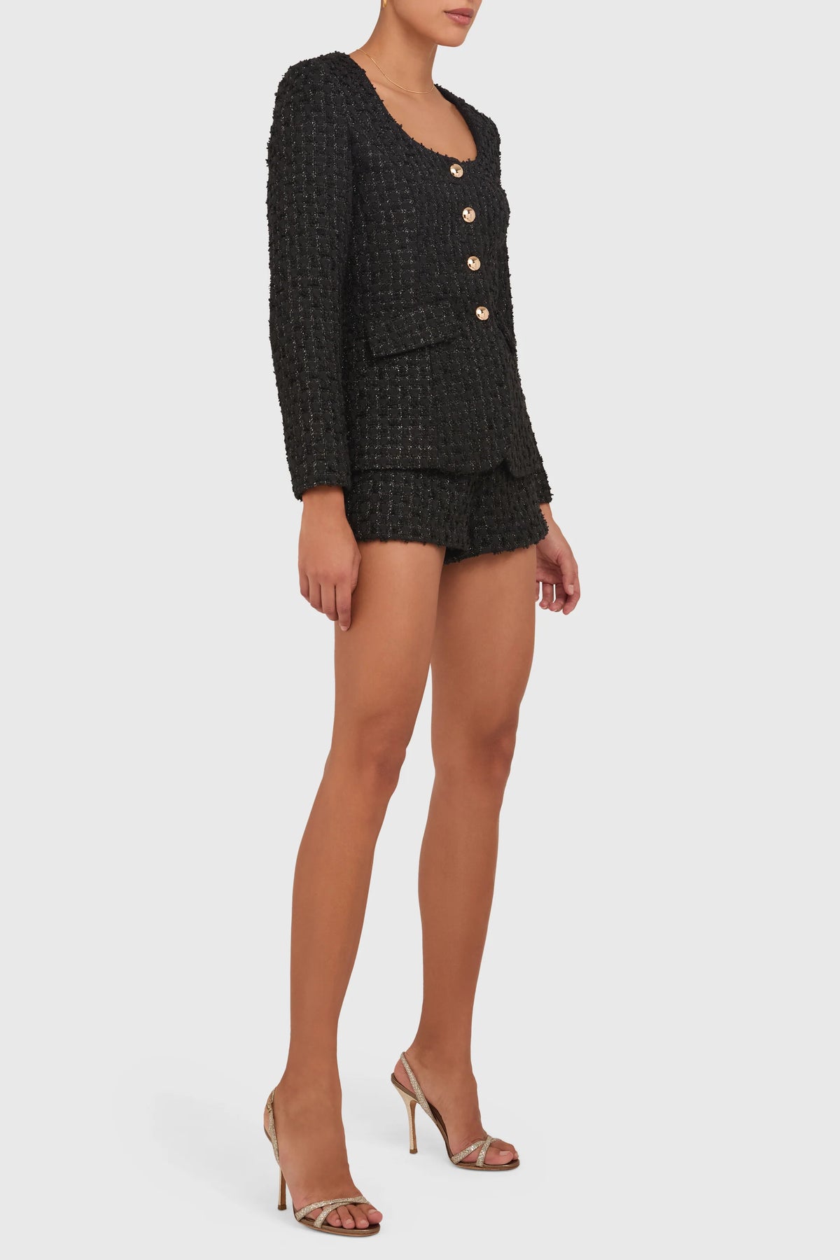 Amanda Uprichard Kya Long Sleeve Tweed Romper in Black