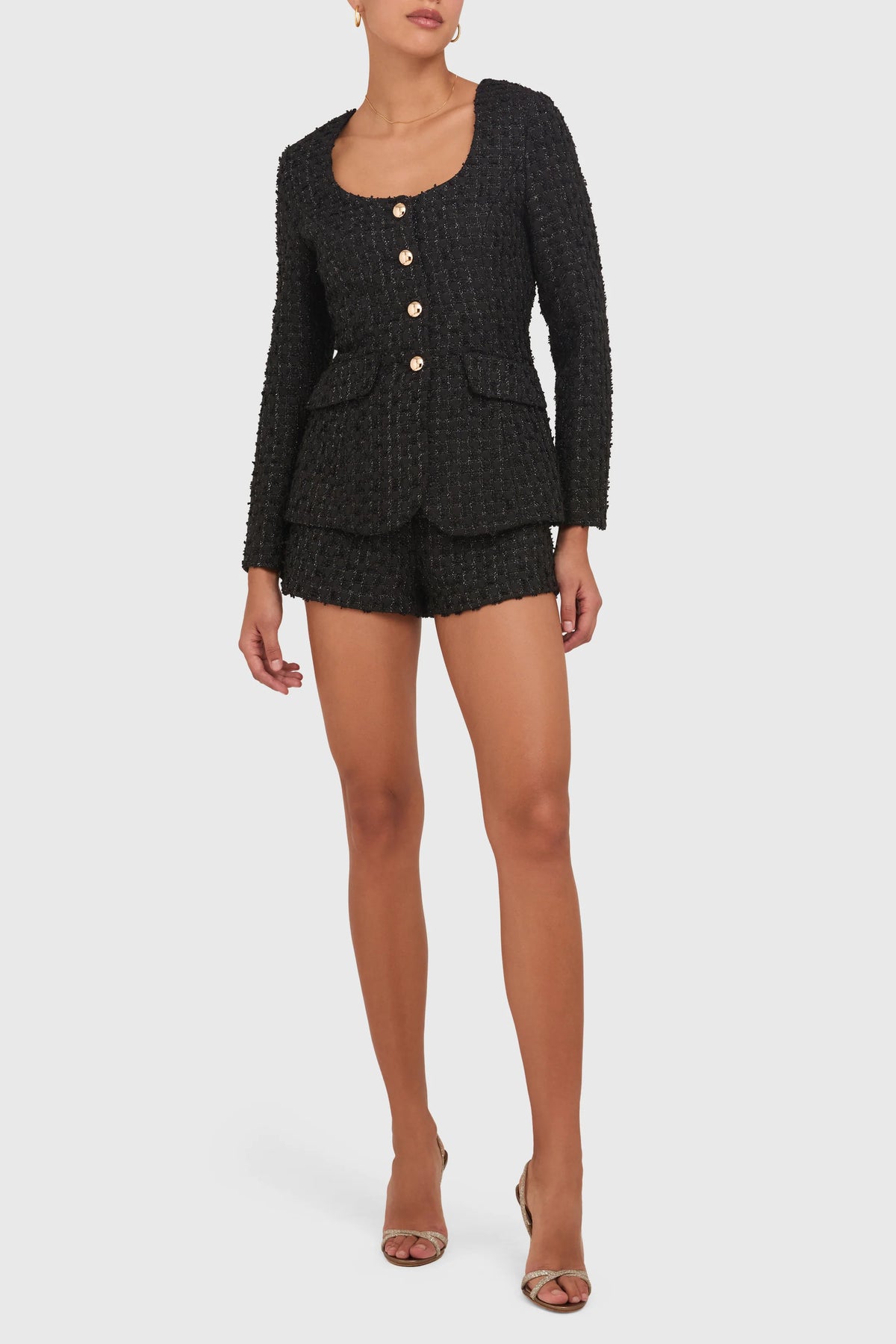 Amanda Uprichard Kya Long Sleeve Tweed Romper in Black