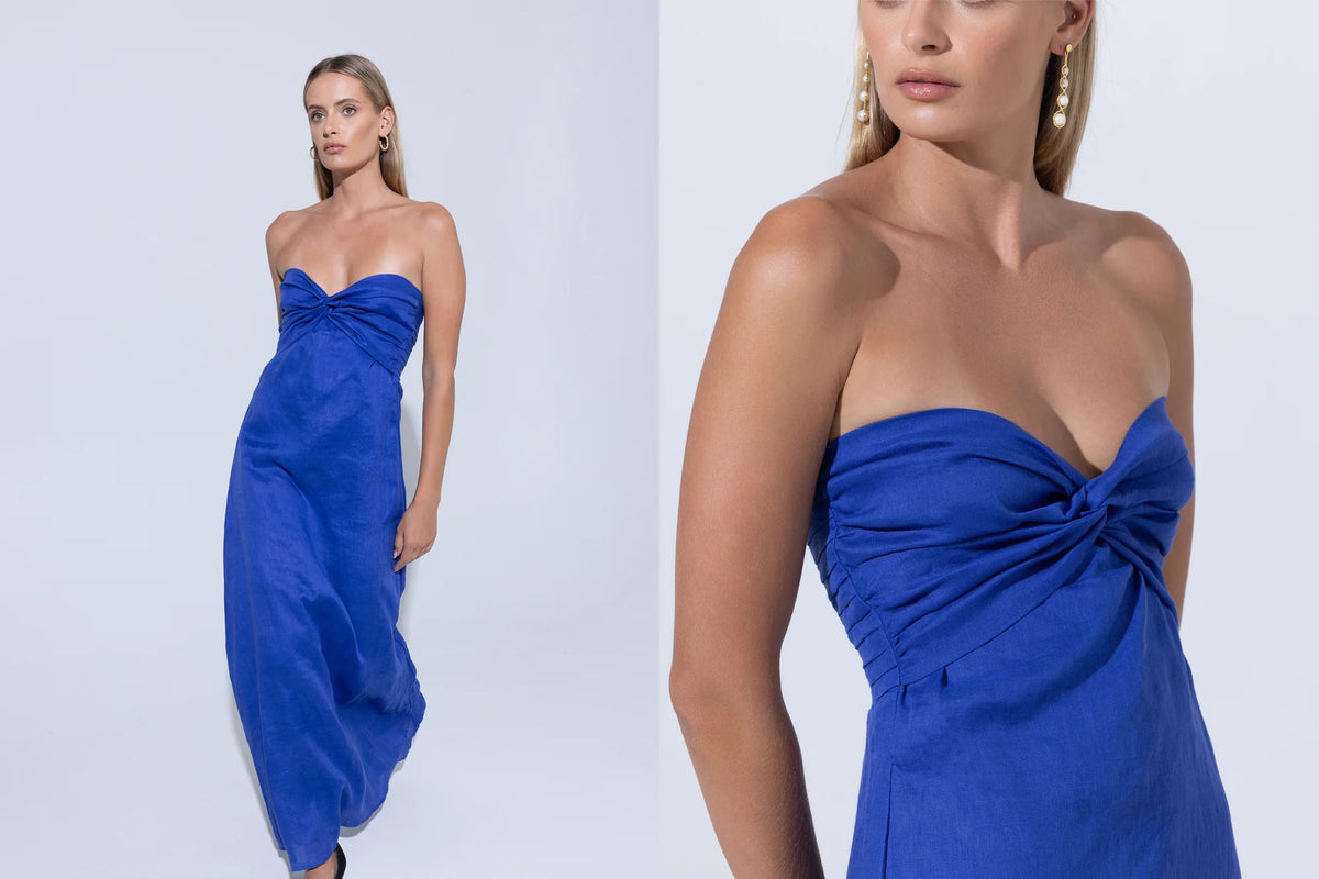 Lusana Melody Strapless Linen Maxi Dress in Nordic Blue