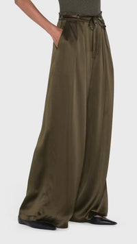 Frame Denim Long Silk Trouser Pants in Rich Military