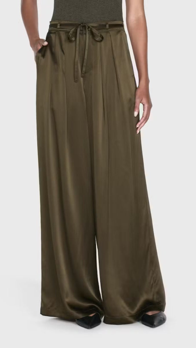 Frame Denim Long Silk Trouser Pants in Rich Military