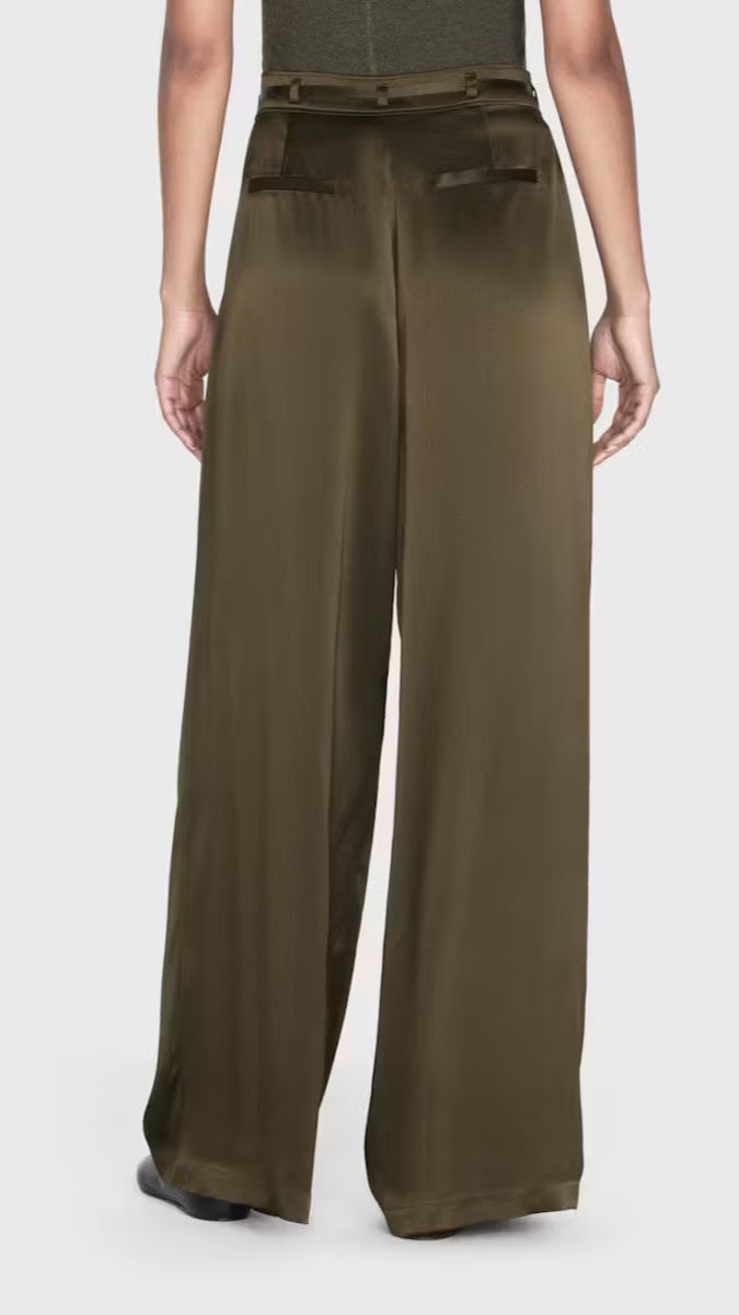 Frame Denim Long Silk Trouser Pants in Rich Military