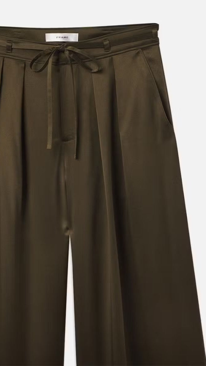 Frame Denim Long Silk Trouser Pants in Rich Military