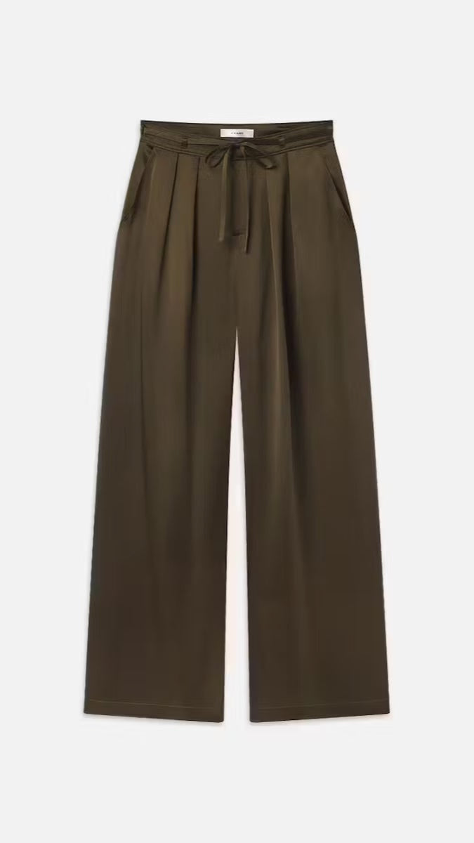 Frame Denim Long Silk Trouser Pants in Rich Military