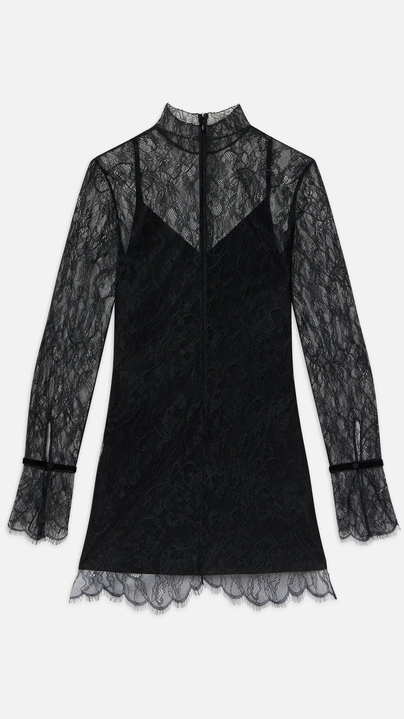 Frame Denim Lace Long Sleeve Shift Dress in Black