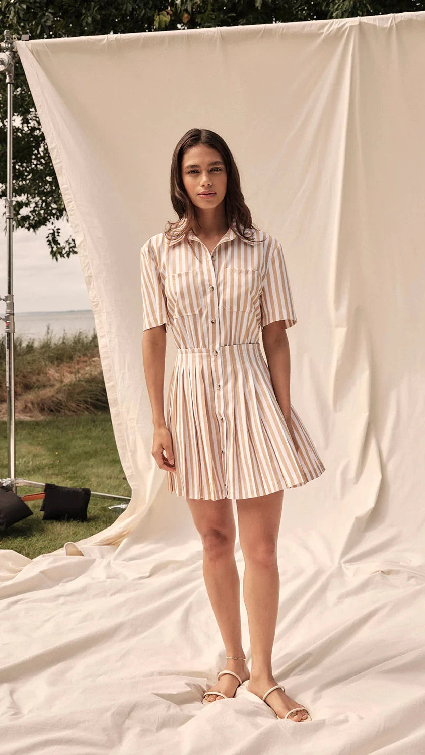 Saylor Wilda Shirting Mini Dress in Tan/White Stripe