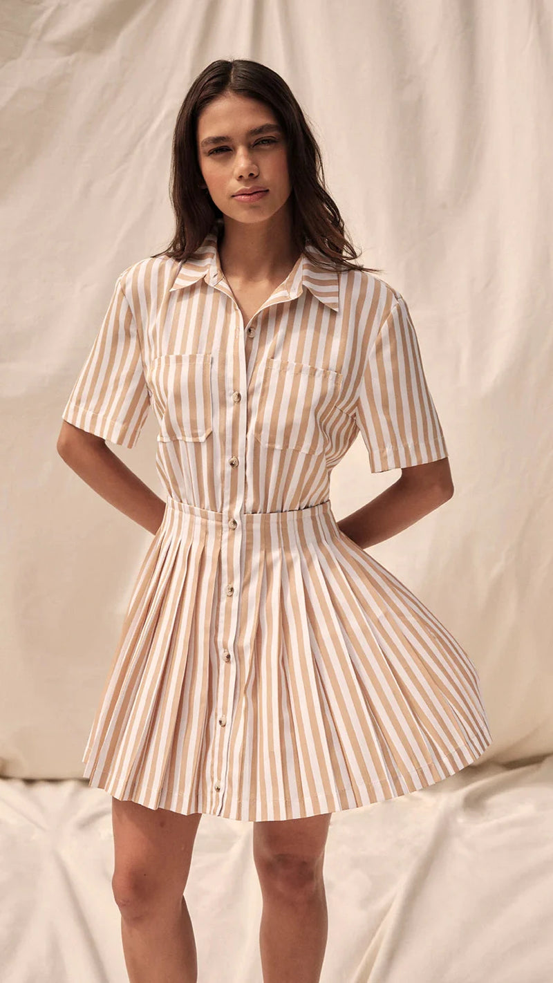 Saylor Wilda Shirting Mini Dress in Tan/White Stripe