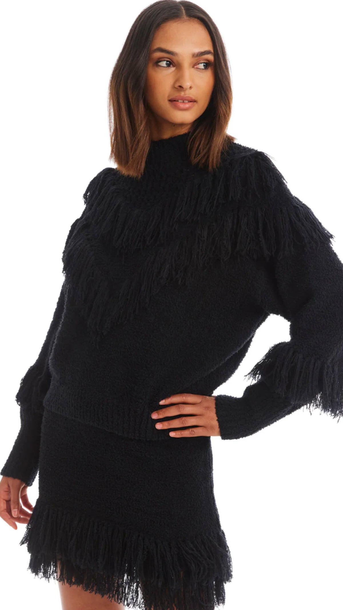 Allison New York Anna Fringe Sweater Mini Skirt in Black