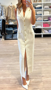 Amanda Uprichard Keanu Tweed Midi Dress in White/Gold