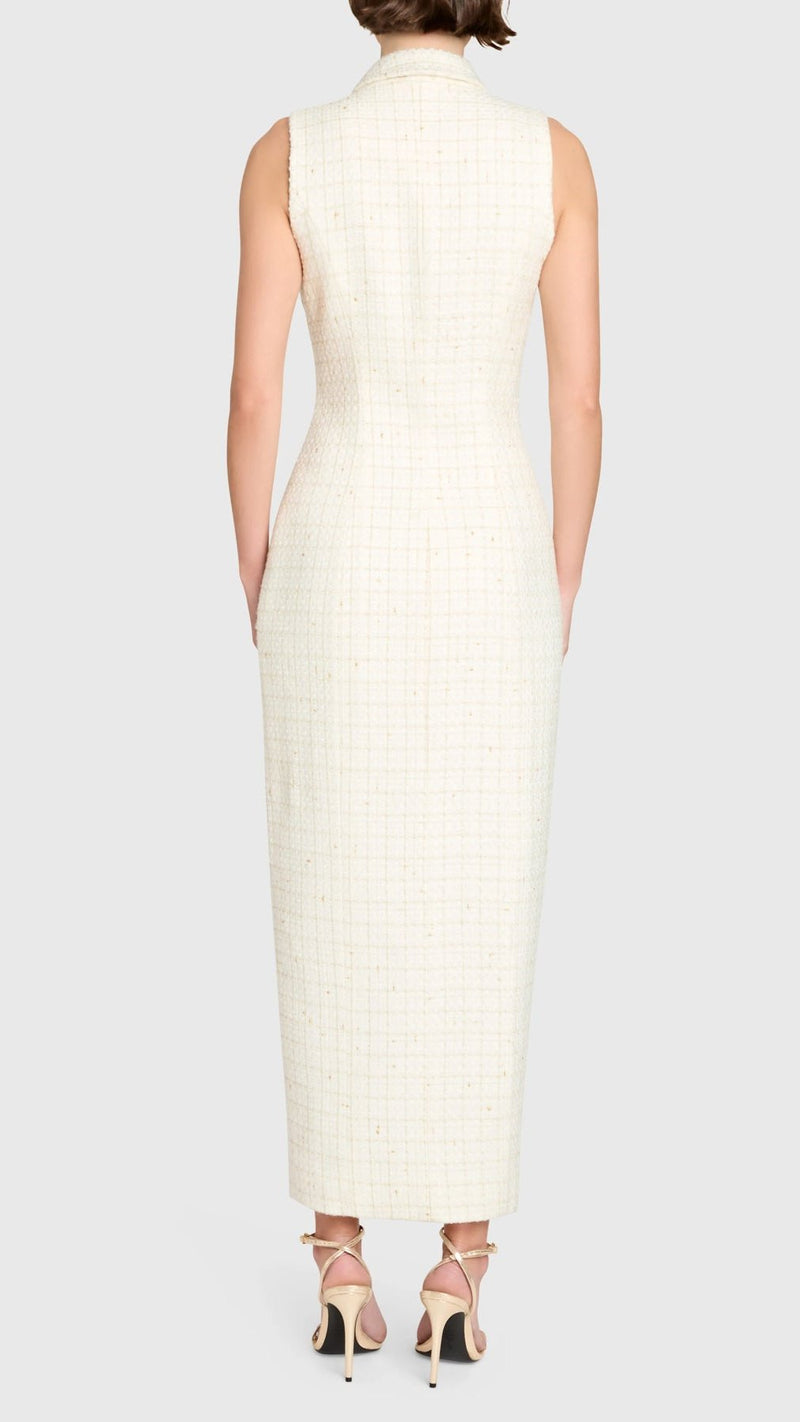 Amanda Uprichard Keanu Tweed Midi Dress in White/Gold