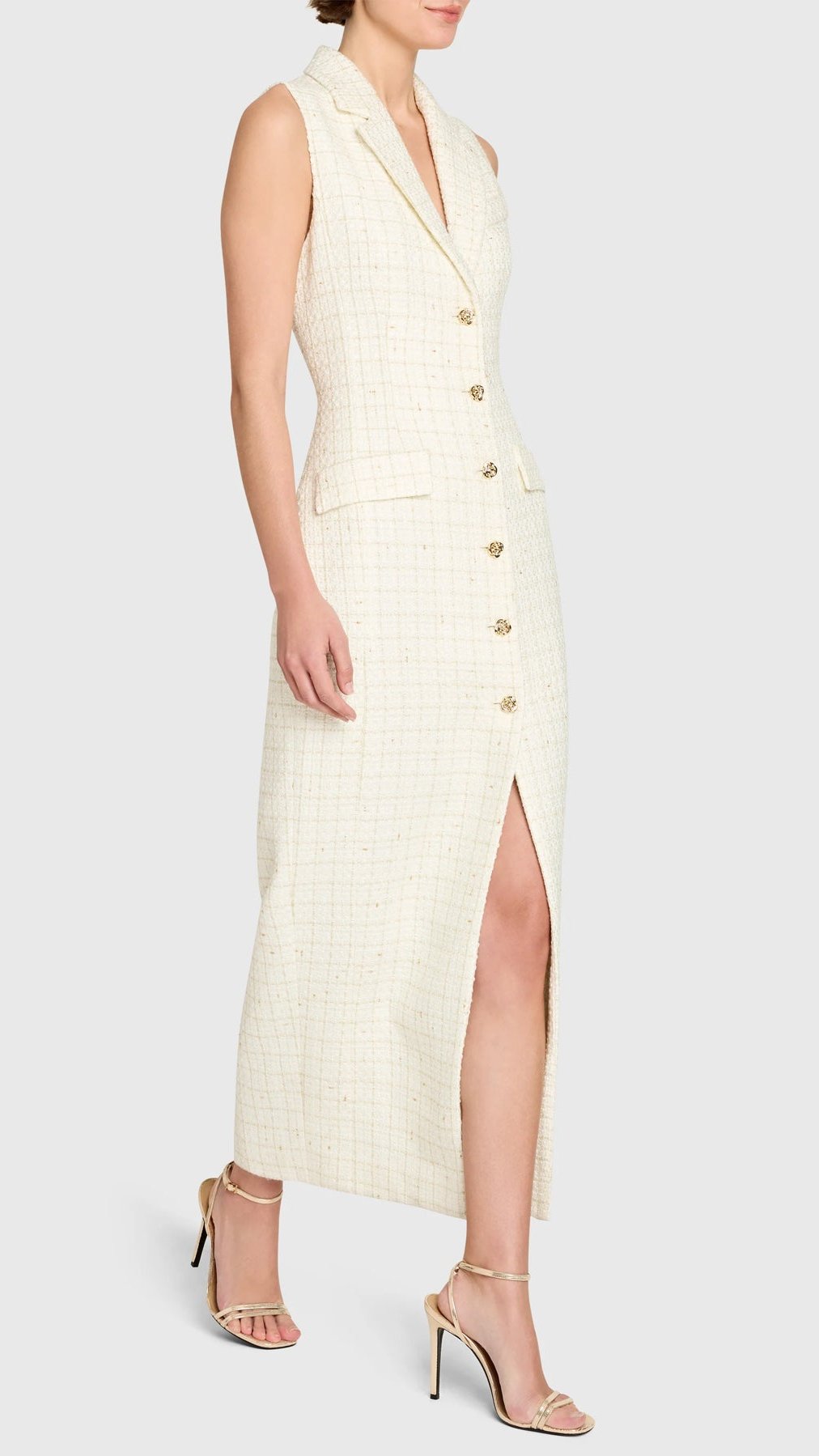 Amanda Uprichard Keanu Tweed Midi Dress in White/Gold