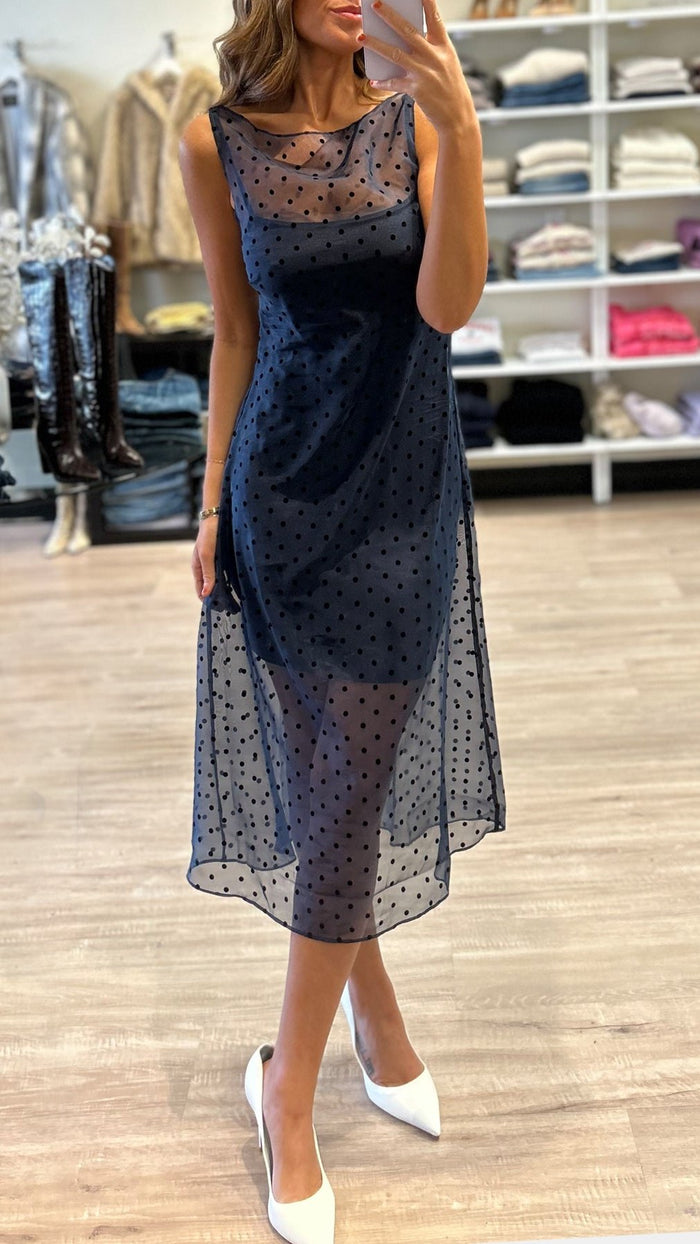 Amanda Uprichard Minata Sheer Polka Dot Midi Dress in Navy