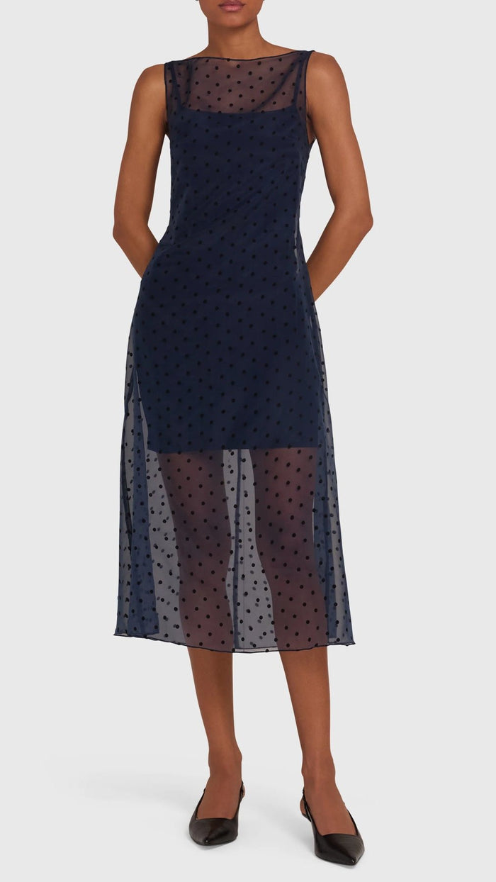 Amanda Uprichard Minata Sheer Polka Dot Midi Dress in Navy