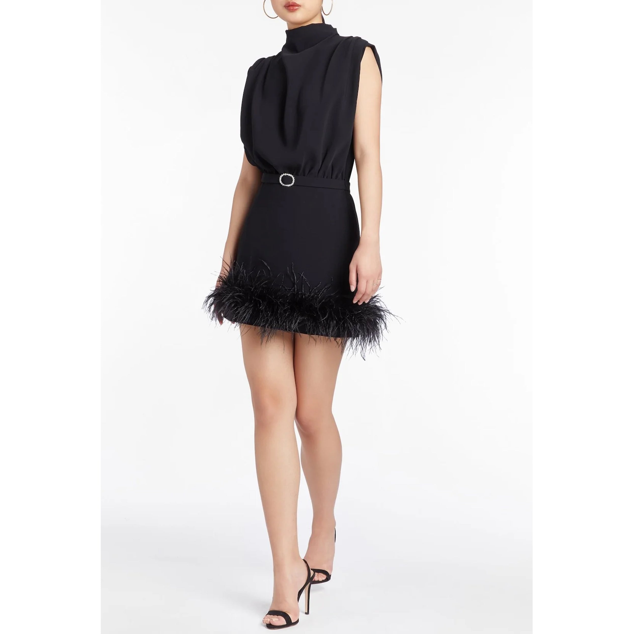 Amanda Uprichard Sullivan Mock Neck Feather Mini Dress in Black