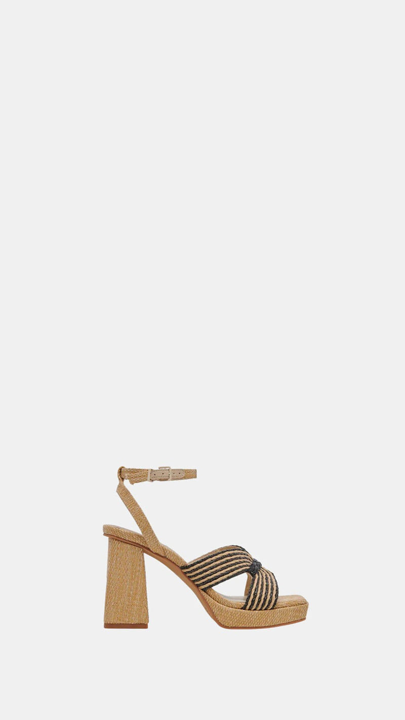 Dolce Vita Aries Chunky Block Heeled Sandal in Black/Natural Raffia