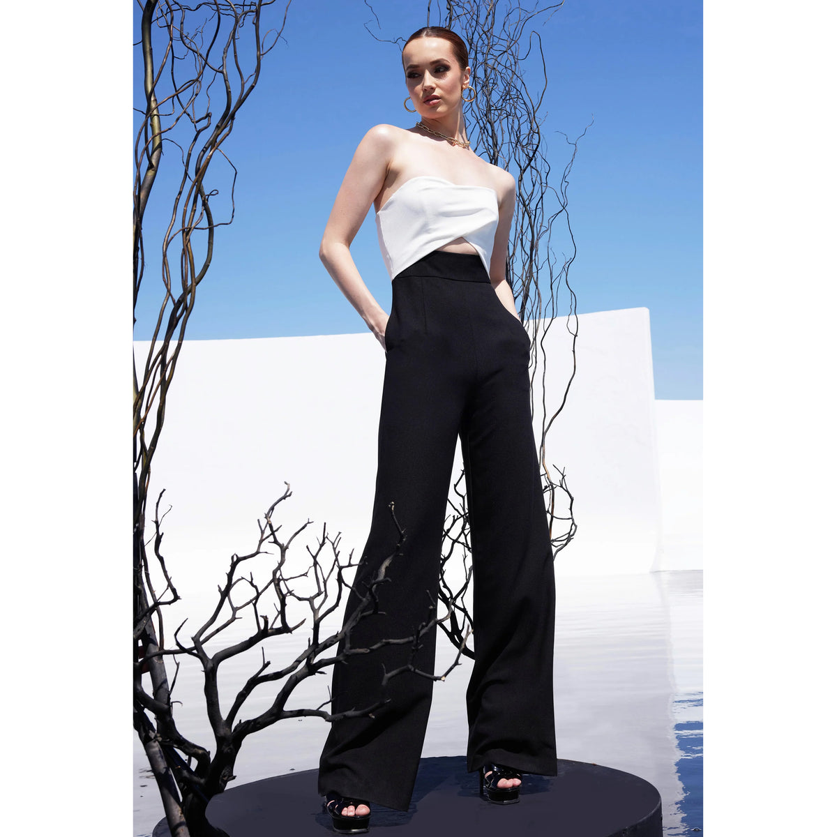 Black Halo Jada Color Block Jumpsuit in Black/Pearl