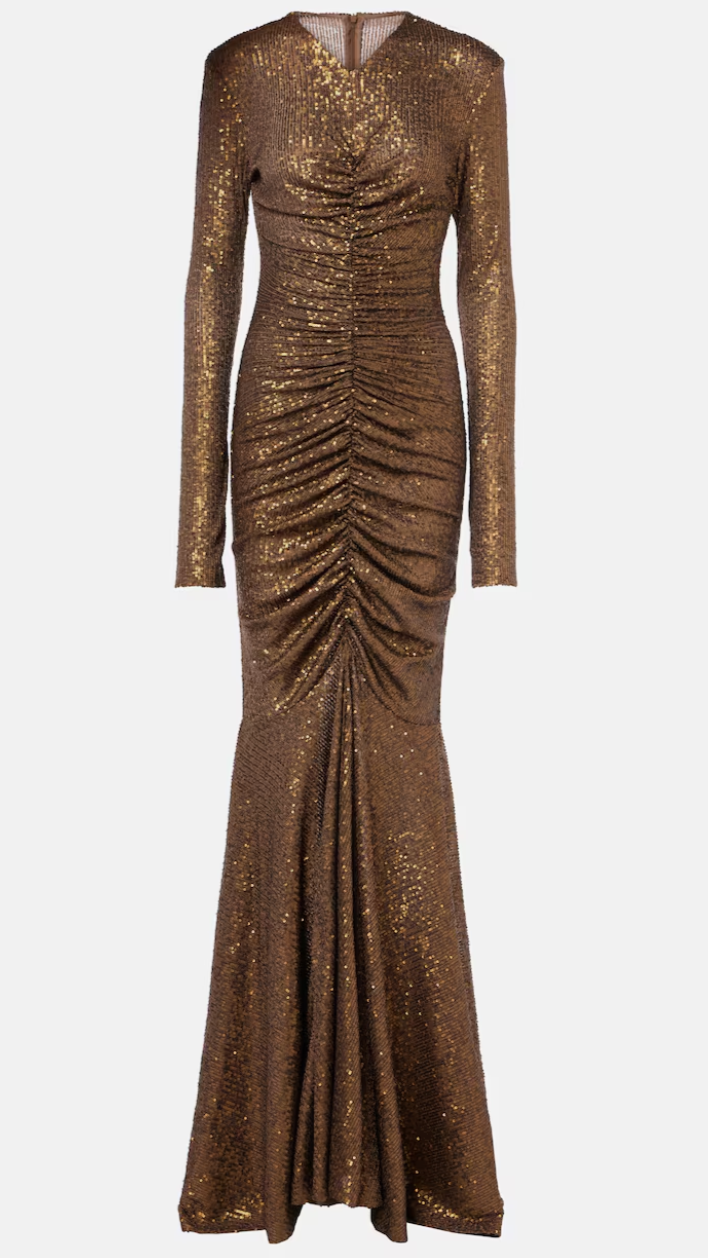 Norma Kamali Sequin Long Sleeve Shirred Front Fishtail Gown in Bronze